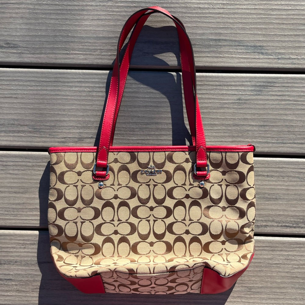Coach; Khaki/Brown Monogram; Vibrant Red Leather Tote; Duel Handles;13.5x4x9.5in